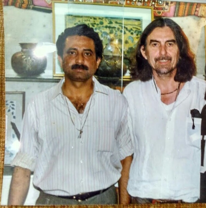 George Harrison, of the Beatles, at Bana Studio with Mahendra Singh Banera at Bana Studio, New Delhi, India. George Harrison was a dear friend and customer.