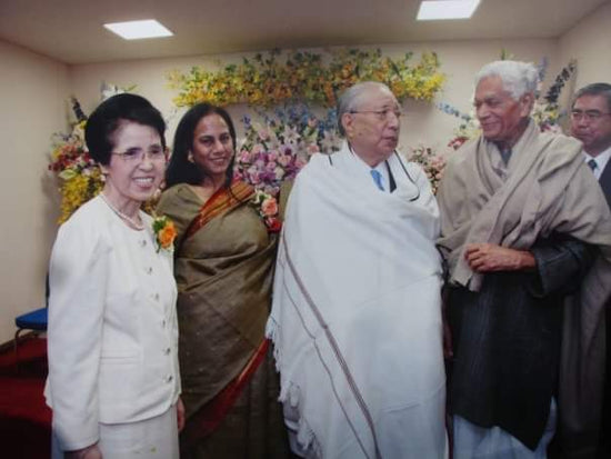 Picture of Manjushree Gupta with Sensei Daisaku Ikeda and Professor Lokesh Chandra